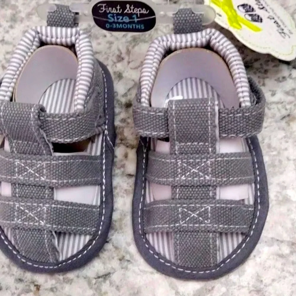 STEPPING STONES SOFT BOTTOM VELCRO STRAP SHOES FOR BABY BOYS GRAY SIZE:2(3-6M)
